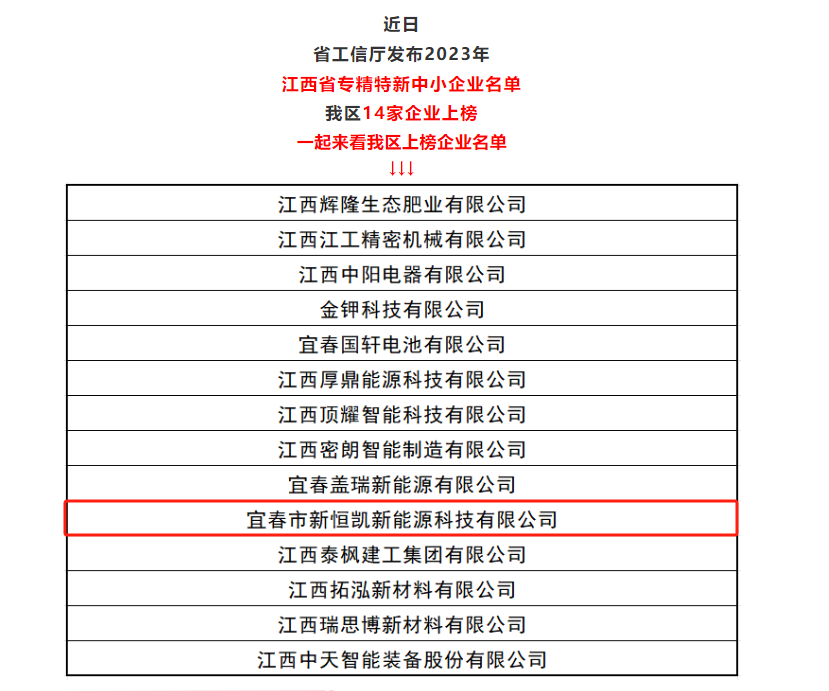 我司全资子公司宜春市新恒凯新能源科技有限公司获评：江西省专精特新中小企业